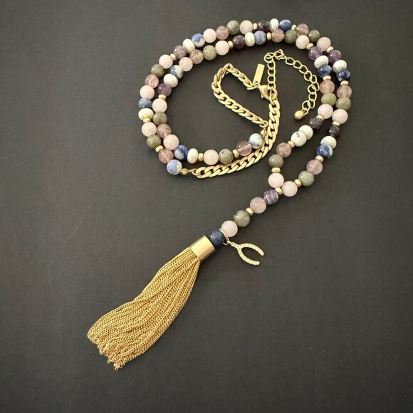 White House Black Market Semi Precious Beaded Tassel Necklace Gold Wishbone Luck - Picture 2 of 15